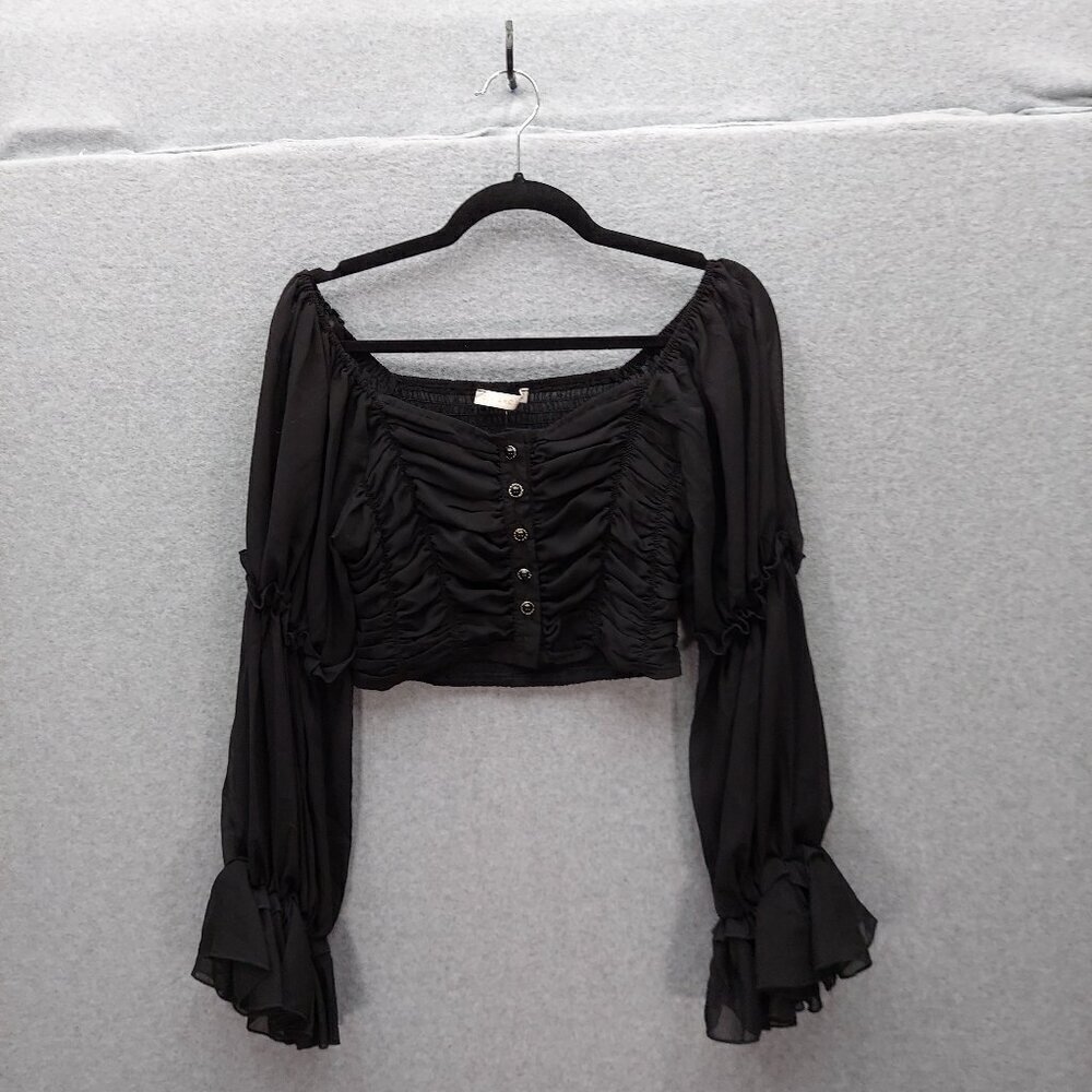 Ruched Black Chiffon Long Sleeve Crop Top Blouse With Button‎ Closure ML Size